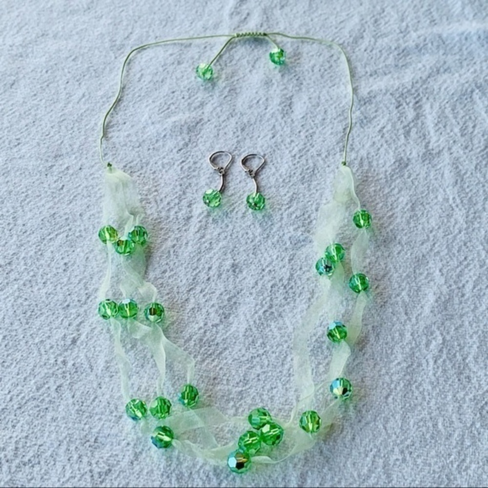 925 green glass faceted round stone bead ribbon threaded multi strand